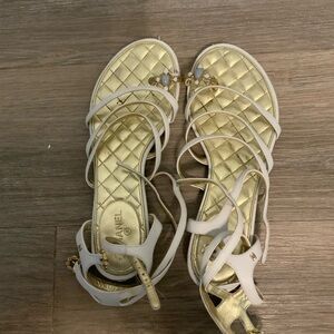 Chanel Strappy White and Gold Sandals